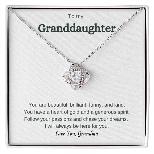 Granddaughter Necklace from Grandma. Love Knot Necklace. Perfect for gift for Birthday, Anniversary, Graduation, Thanksgiving, Christmas, Confirmation.