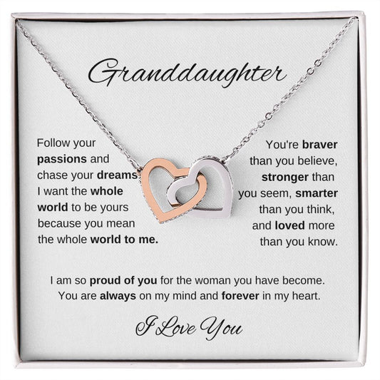 To my Granddaughter. Interlocking Hearts Necklace. Gift for Birthday, Graduation, Wedding, Christmas, and any other occasion.