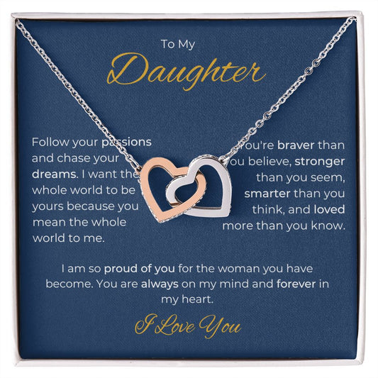 To my Daughter. Interlocking Hearts Necklace.  Gift for Birthday, Graduation, Wedding, Christmas, and any other occasion.