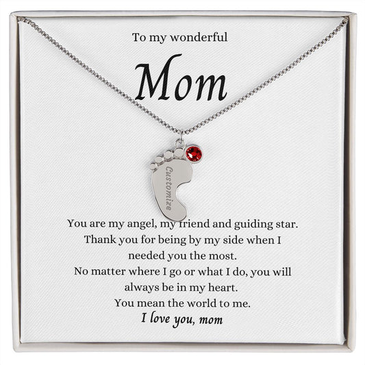 To my Wonderful Mom. Engraved Baby Feet with Birthstones