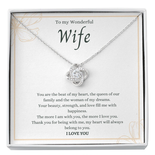 Gift for Wife from Husband. Love Knot Necklace. 14k white gold over stainless steel. Gift for Anniversary, Birthday, Mother´s Day, Christmas.